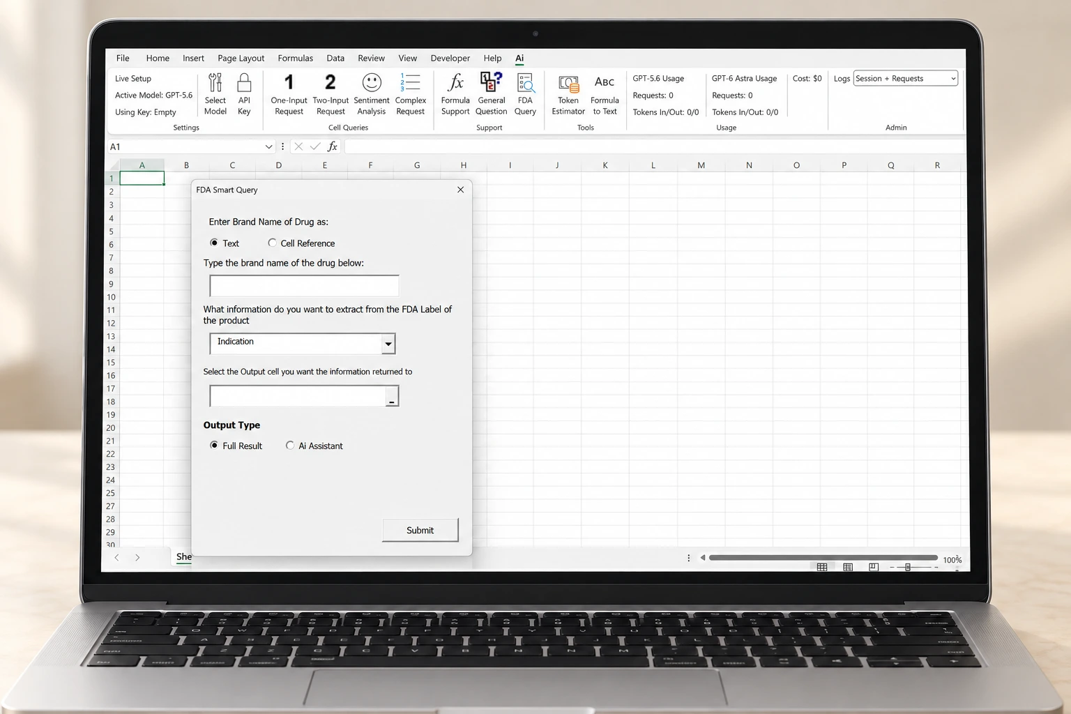 Illustrative laptop mock-up of a bespoke Excel AI add-in showing its AI ribbon and FDA Smart Query window