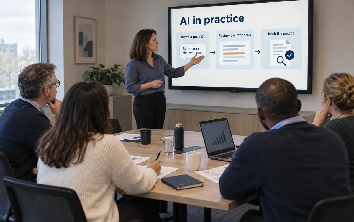 Illustrative group AI training session covering prompt writing, response review and source checking