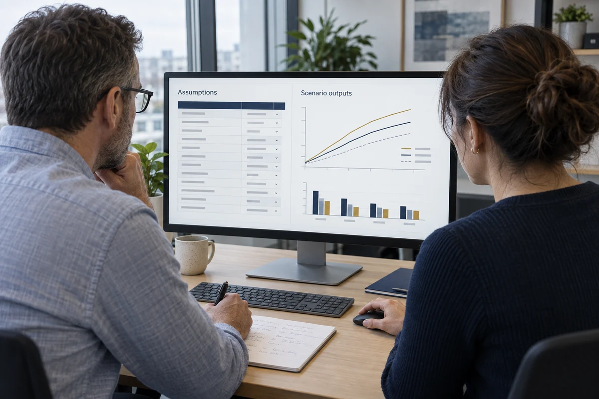 Illustrative collaboration between two analysts reviewing model assumptions and scenario outputs