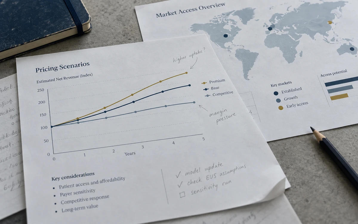 Illustrative pricing scenarios and market access analysis on a working desk
