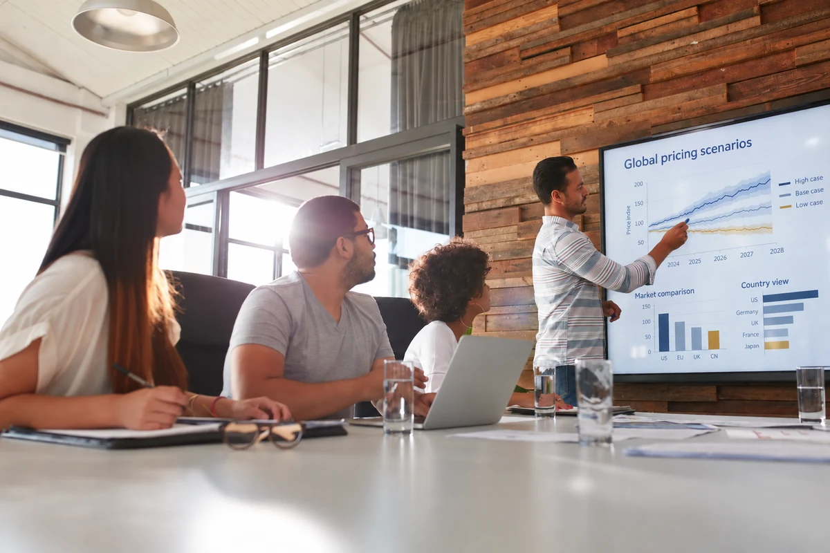 Illustrative presentation of global pricing scenarios and market comparisons to a project team
